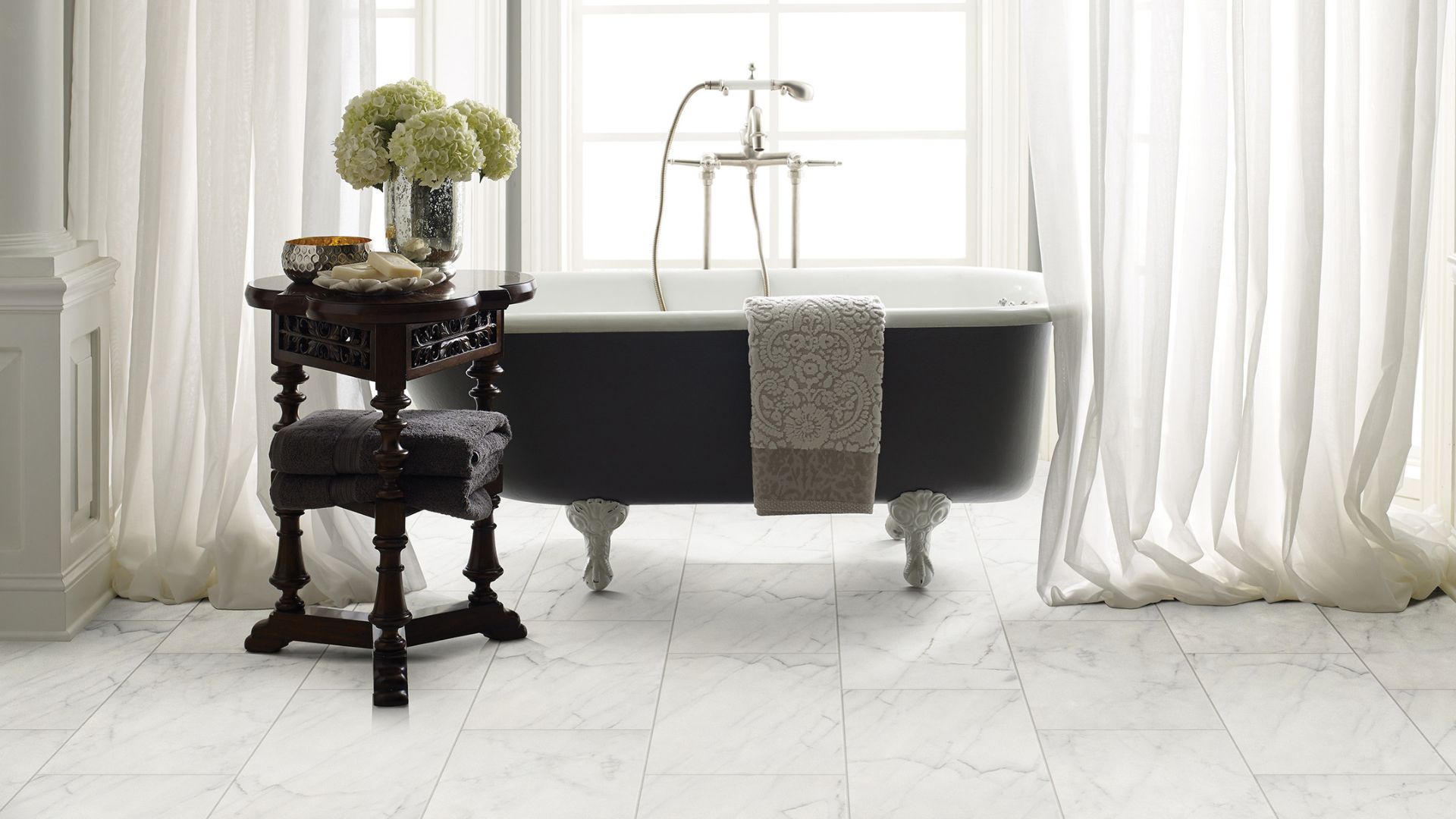 white tile flooring in an elegant bright bathroom